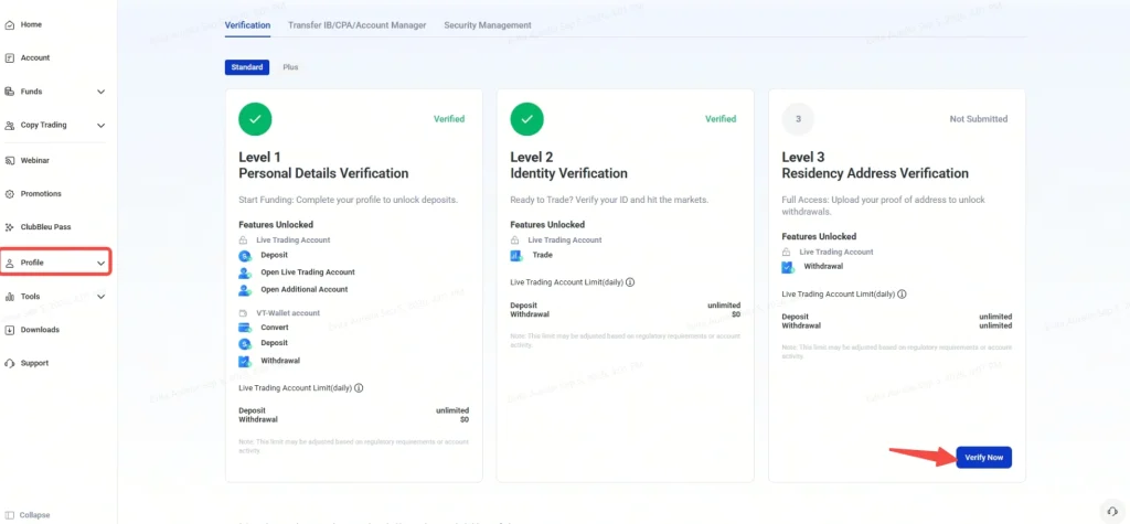 image 12 VT Markets Verification dashboard with three cards Level 1 Personal Details Level 2 Identity Verification Level 3 Residency Address Verification Level 3 shows a blue Verify Now button