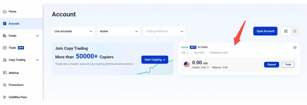 image 14 VT Markets Account dashboard with left navigation and a promotional Join Copy Trading card showing More than 50000+ Copiers and a blue Start Copying button