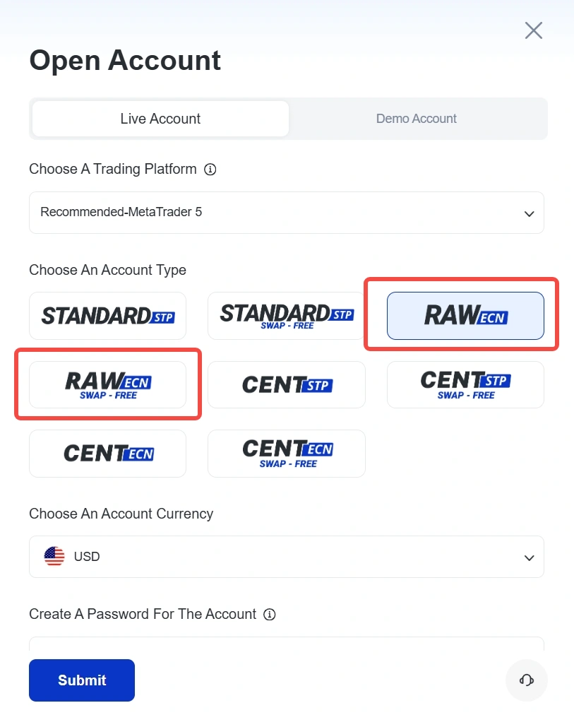 image 29 VT Markets Open Account form with Live Account tab active RAW ECN platform cards highlighted USD currency selected Submit button at bottom