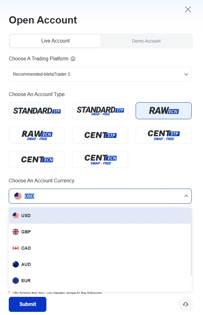 image 30 VT Markets Open Account dialog Live Account tab selected with account type options and currency dropdown visible on screen