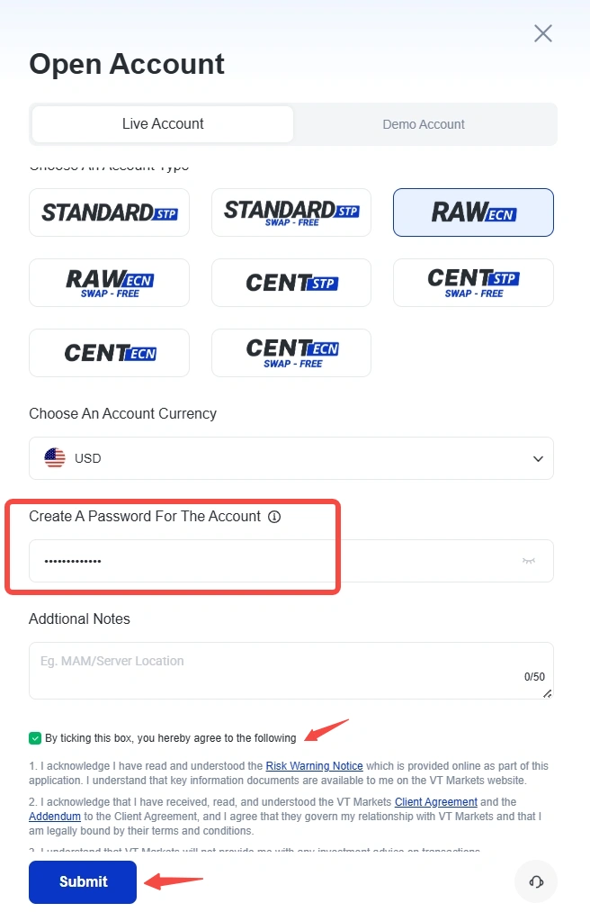 image 31 VT Markets Open Account form showing account type options currency selector password field notes and Submit button in blue
