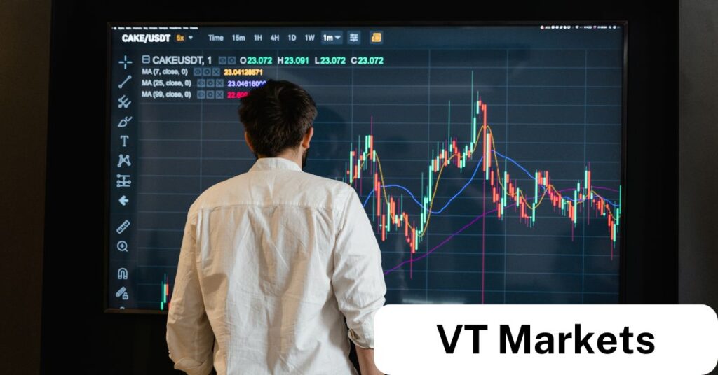 A trader analyzing a large screen displaying forex candlestick charts and moving averages, symbolizing the importance of understanding key forex terms with VT Markets.