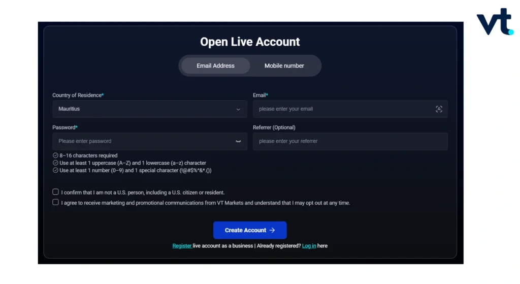 Dark signup form on a dark panel labeled 'Open Live Account' with fields for country, email, password, referrer, two checkboxes, and a blue 'Create Account' button; VT logo in the top-right corner.