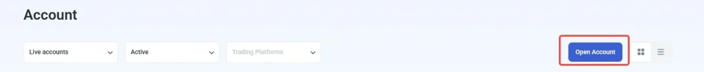 image 35 VT Markets Account page header with three filters Live accounts Active Trading Platforms and an Open Account button on the right