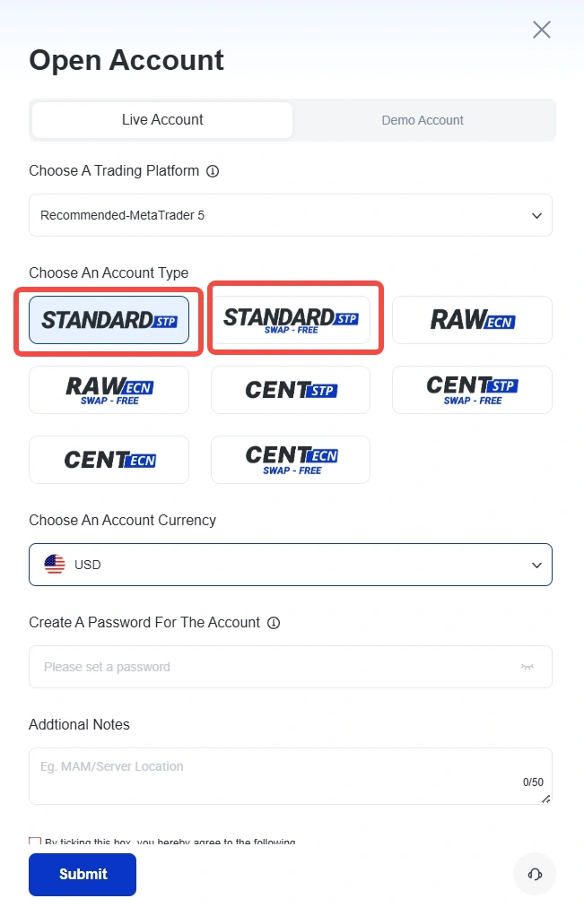 image 36 VT Markets Open Account form with LiveDemo tabs select trading platform with Standard STP highlighted among options RAWECN CENT etc