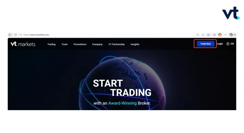 Hero banner for VT Markets: large 'START TRADING' text over a glowing globe with dark blue background and a 'Trade Now' button in the header on the right.