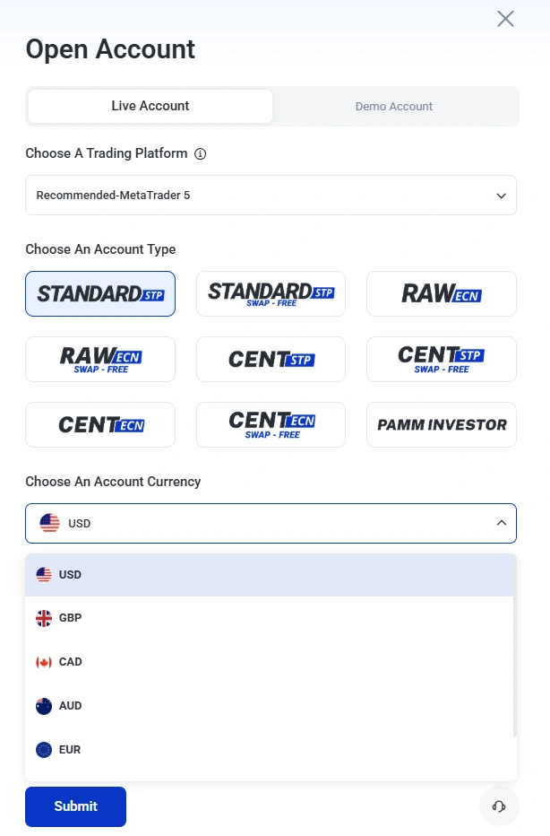 image 15 VT Markets Open Account dialog with Live Account tab active and form fields below