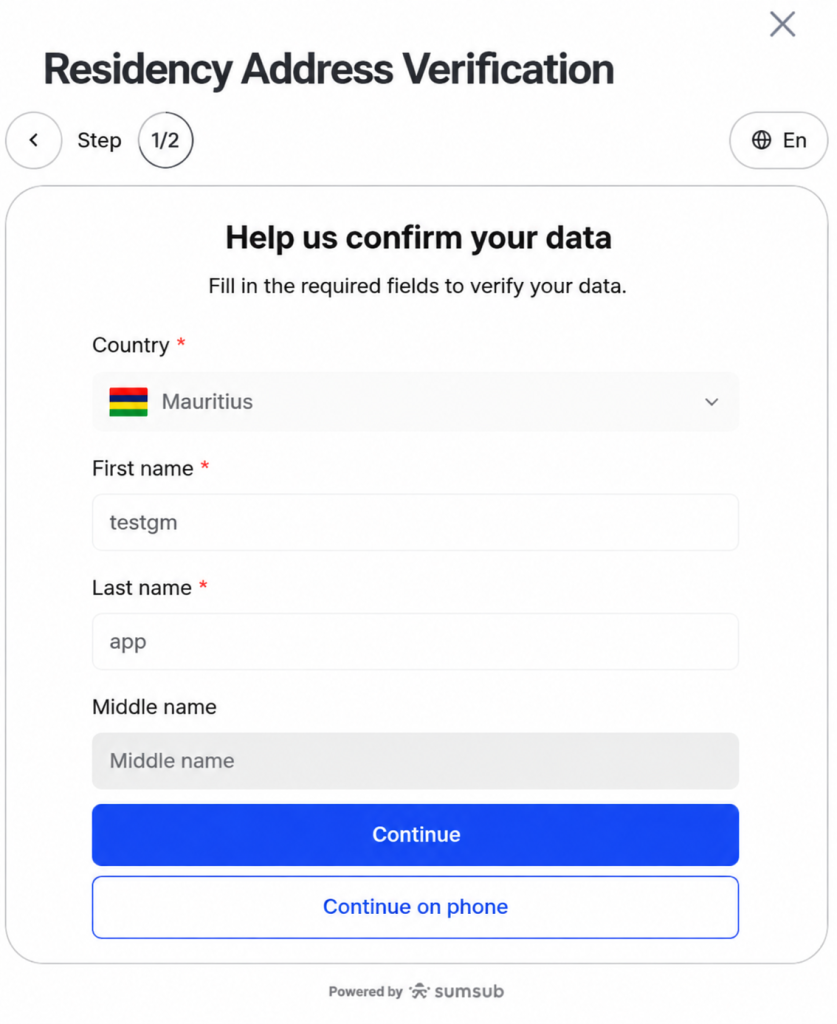 image VT Markets Residency Address Verification form country Mauritius selected fields for first name last name middle name optional and a Continue button