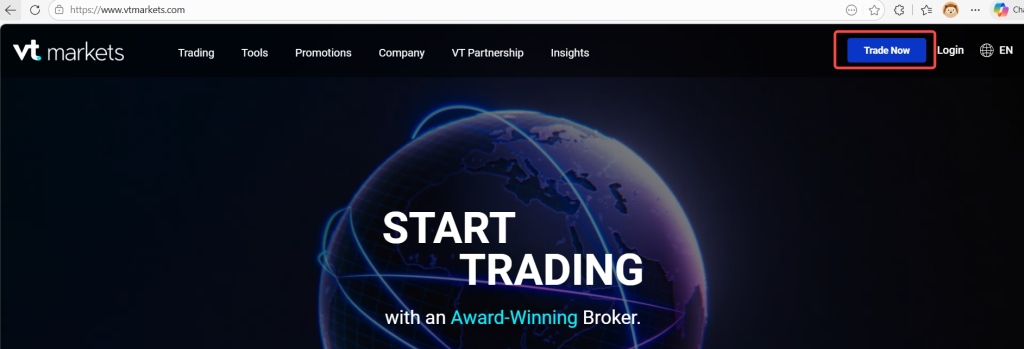 image VT Markets Hero banner with a glowing globe and bold START TRADING text promoting an award winning broker