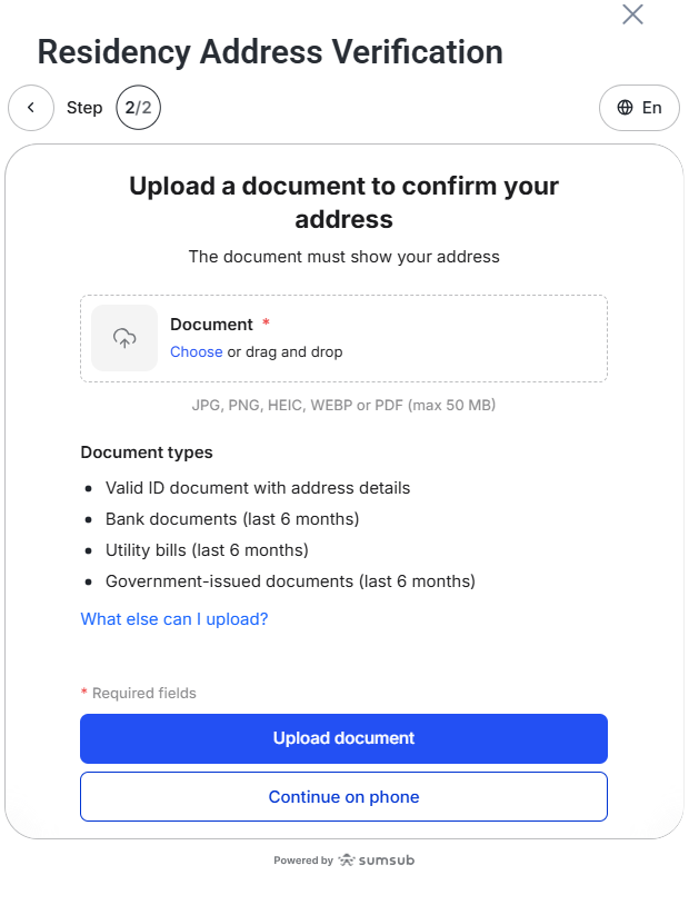 image VT Markets Modal titled Residency Address Verification showing a document upload prompt for address verification with an upload area required document types and action buttons Upload document Continue on phone