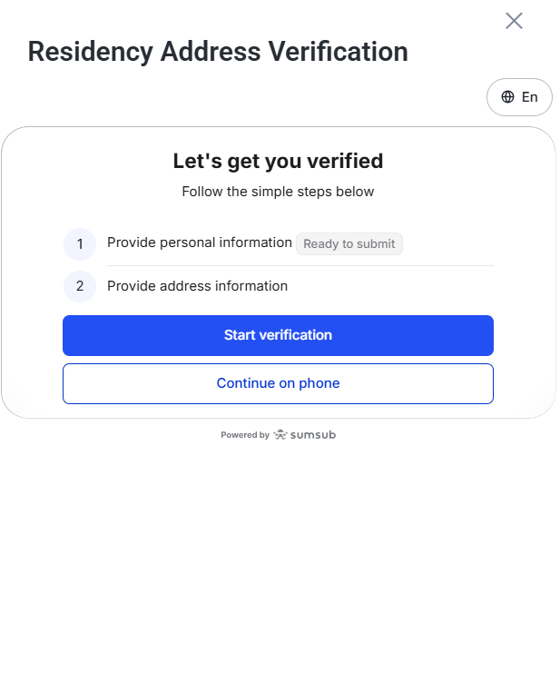 image VT Markets Residency Address Verification modal showing two steps 1 Provide personal information 2 Provide address information blue Start verification button and outlined Continue on phone button close X at top right
