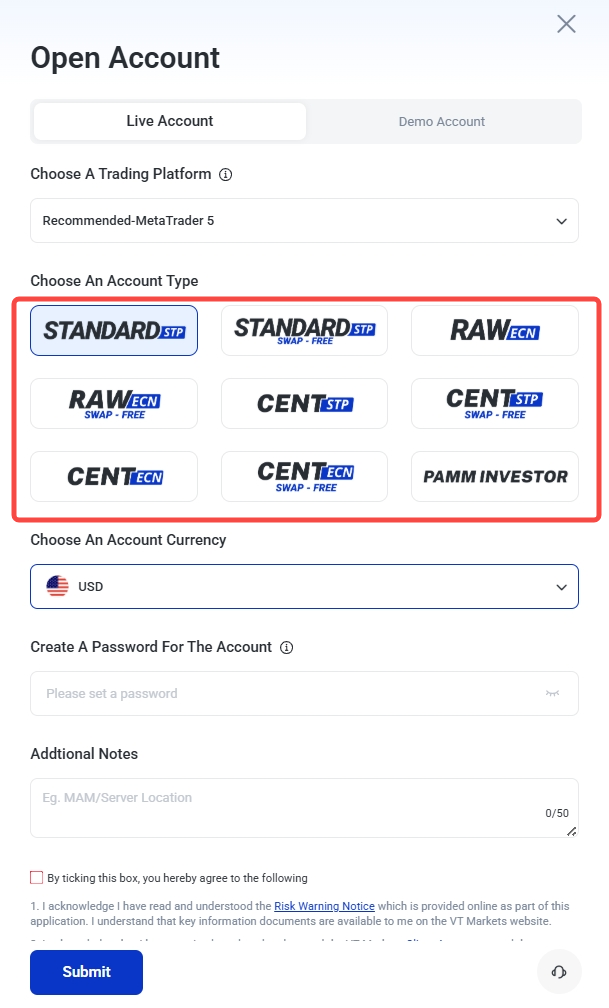 image VT Markets Open Account form with tabs Live and Demo platform choose An Account Type from a grid of trading platforms Standard Raw ECN Cent STP PAMM
