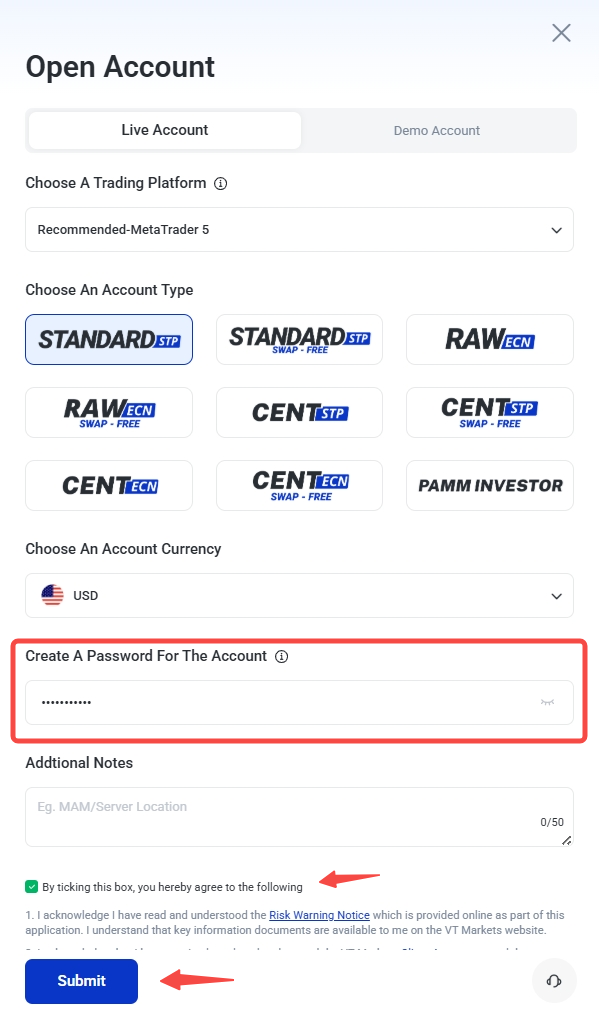 image VT Markets Open Account form modal showing Live Account tab trading platform dropdown multiple account type choices Standard Raw Cent PAMM currency selector set to USD password creation field notes area consent checkbox and a Submit button