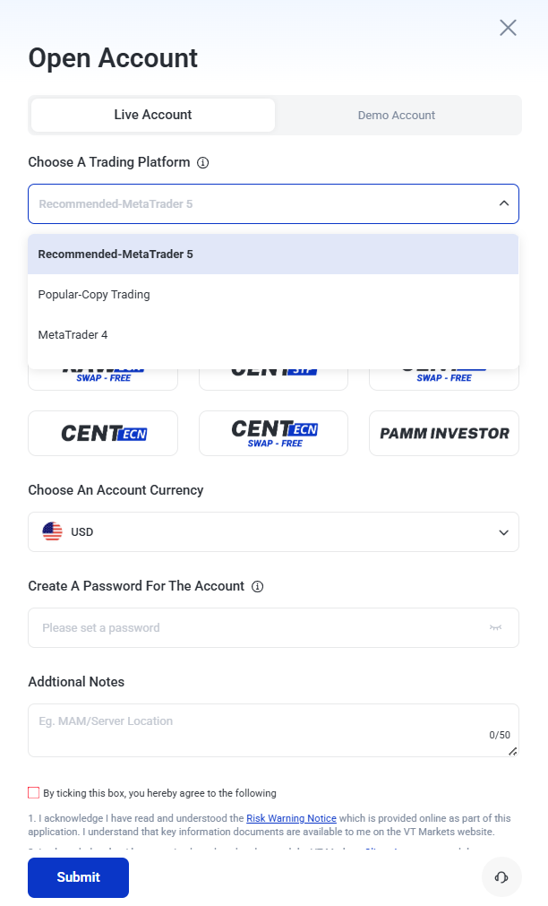 image VT Markets Modal titled Open Account with Live Account tab selected showing a trading platform form to choose platform and currency