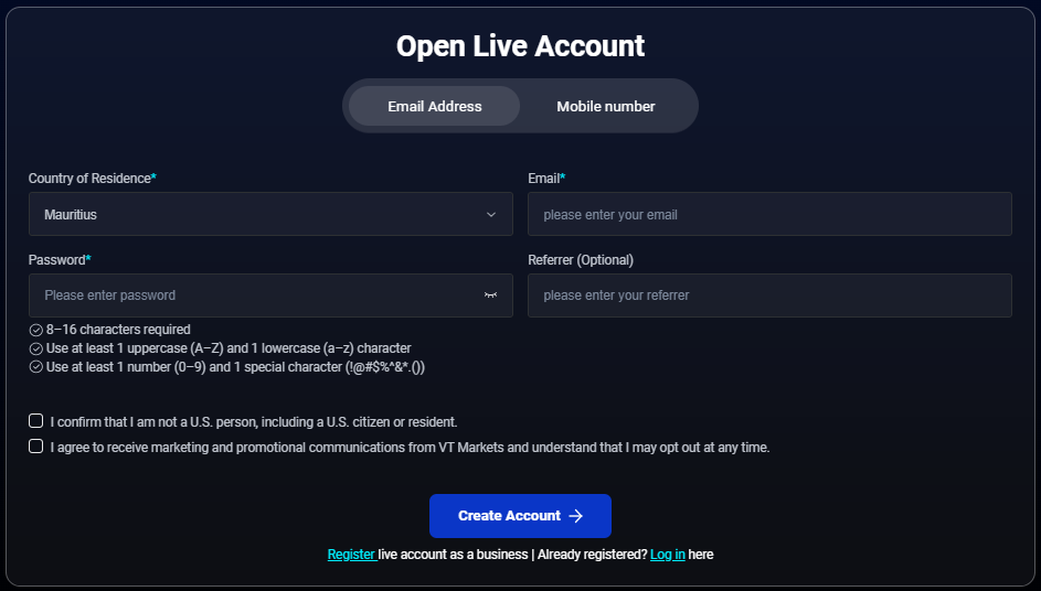 image VT Markets Dark themed account signup form titled Open Live Account with two tabs Email Address Mobile number and fields for Country of Residence Email Password and Refferer plus checkboxes and a blue Create Account button
