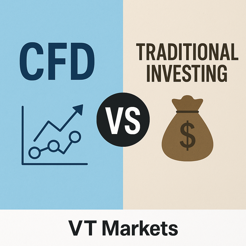 A digital graphic comparing CFD trading vs traditional investing, featuring charts, financial icons, and the VT Markets logo to represent both short-term and long-term strategies.
