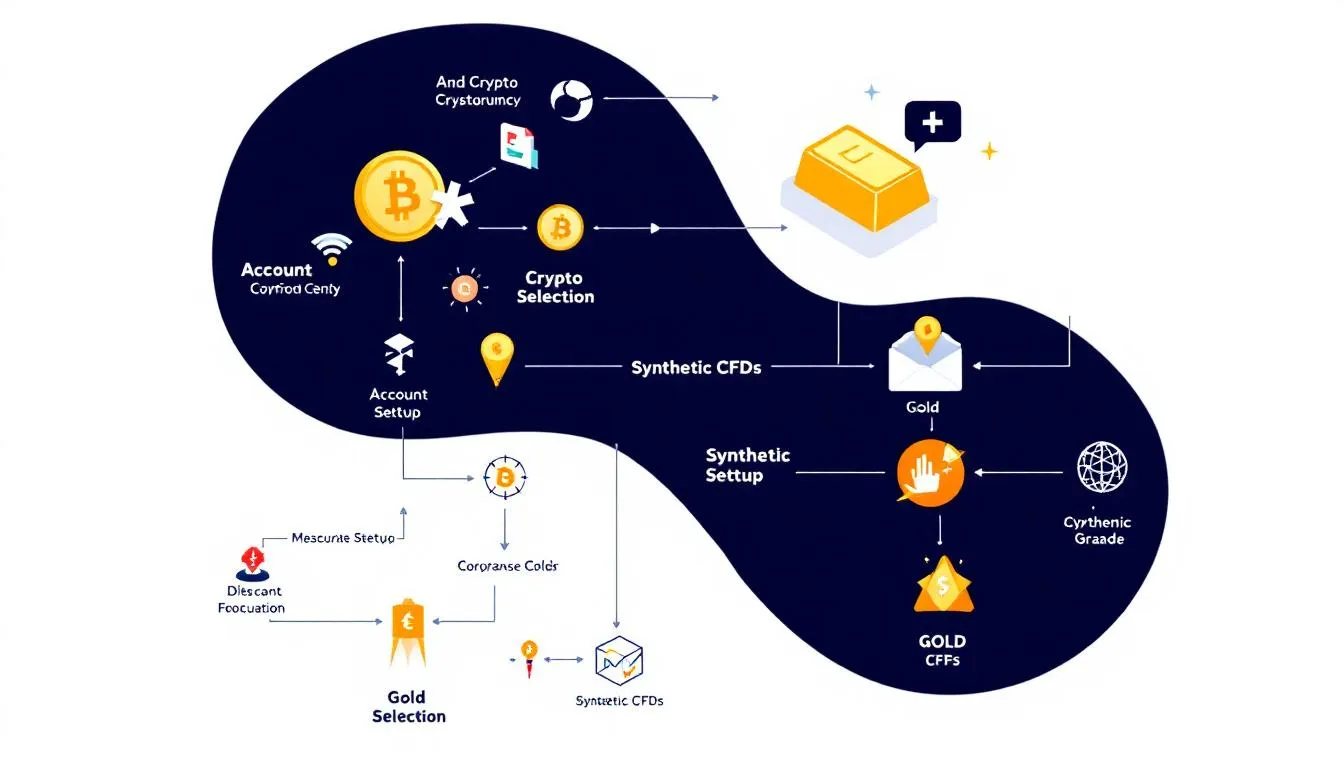 A step-by-step guide illustration for starting to trade crypto gold synthetic CFDs.