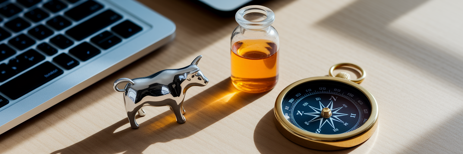 Physical icons representing diversified trading assets.
