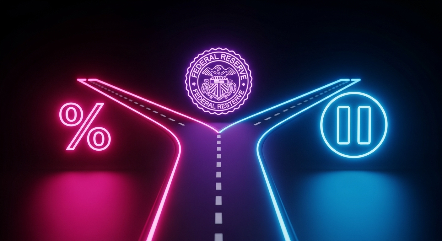 A dark reflective floor under a 3D road splitting into two neon-lit paths. One path has a glowing pink “%↓” icon (rate cut), the other has a bright blue “pause” symbol. At the fork stands a 3D Federal Reserve seal in neon purple. Background is clean black with volumetric glow, assets softly rounded and highly polished