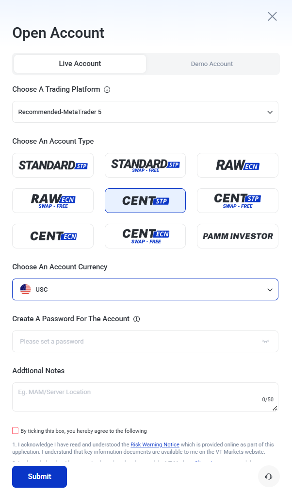 Choose Your Account Type cent VT Markets Choose Your Account Type cent