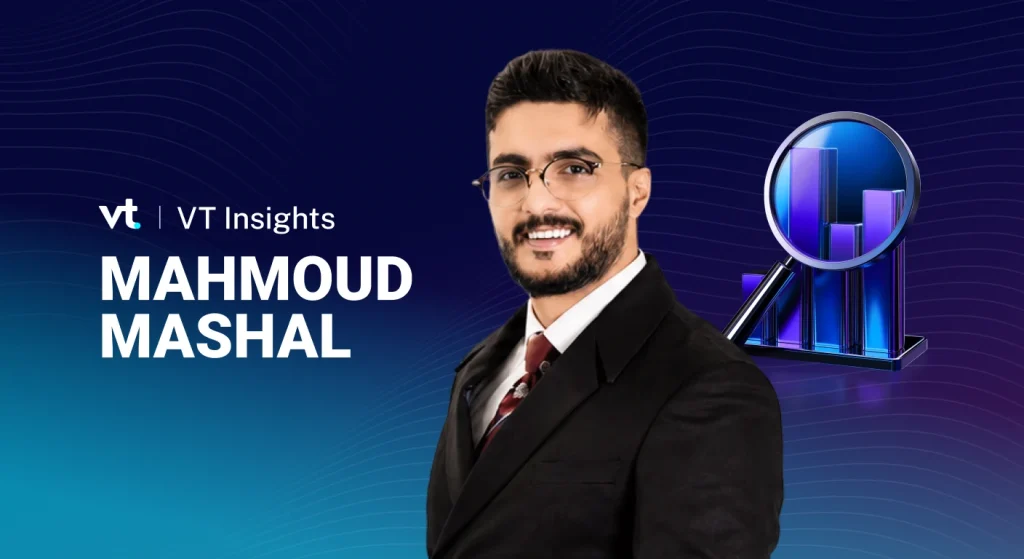Portrait of Mahmoud Mashal in a suit on a VT Insights banner with a blue gradient background and a magnified bar chart icon to the right.