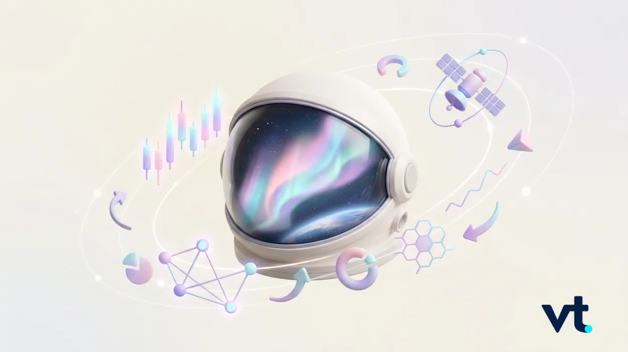 Astronaut helmet with aurora reflection in visor, surrounded by pastel science and tech icons.
