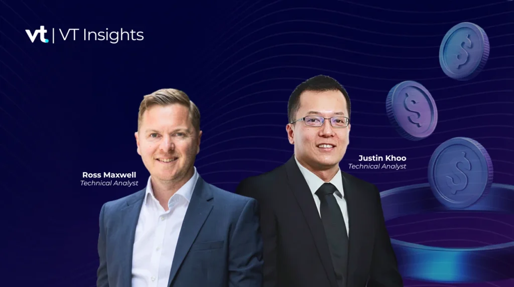 Collab - VT Markets VT Insights banner featuring two analysts in suits: Ross Maxwell and Justin Khoo, labeled Technical Analysts, against a dark blue tech background with floating coins.