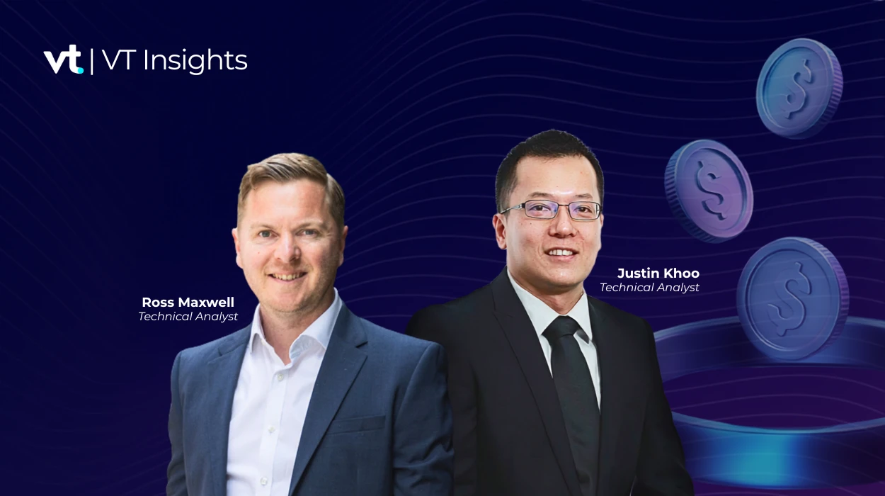 VT Insights banner featuring two analysts in suits: Ross Maxwell and Justin Khoo, labeled Technical Analysts, against a dark blue tech background with floating coins.