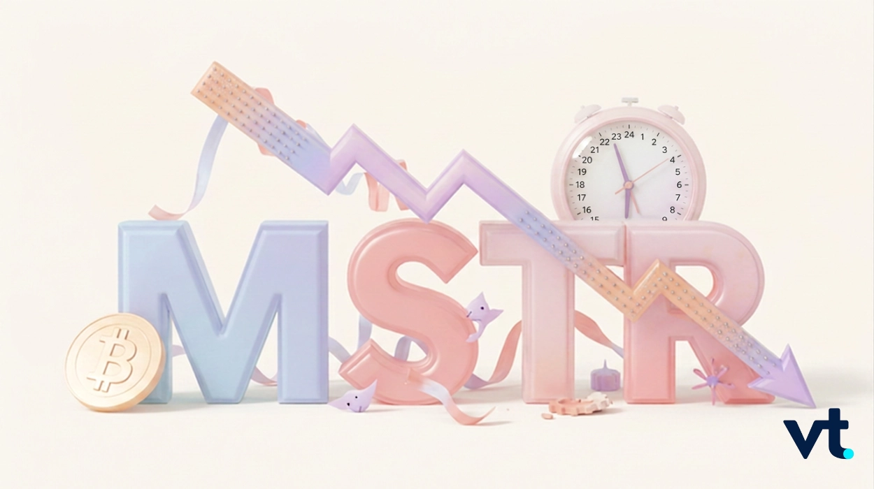 Pastel 3D letters M S T R with a downward arrow, Bitcoin coin, and clock, signaling a drop in MicroStrategy stock.