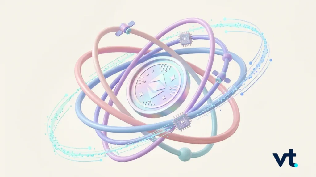 SPCXUSD - VT Markets Abstract illustration of multicolored orbital rings circling a central emblem with stars, symbolizing technology; VT logo at bottom right.