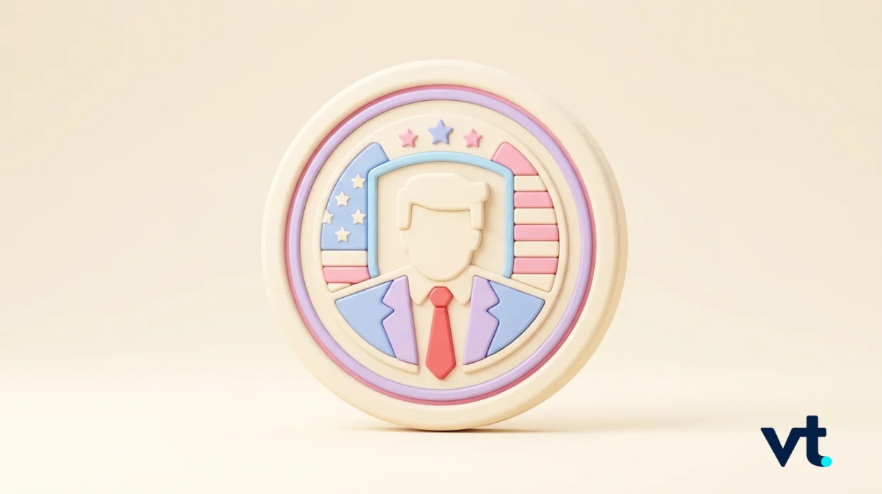 Pastel circular emblem featuring a person in a suit with US flag elements in the background and a VT logo in the corner