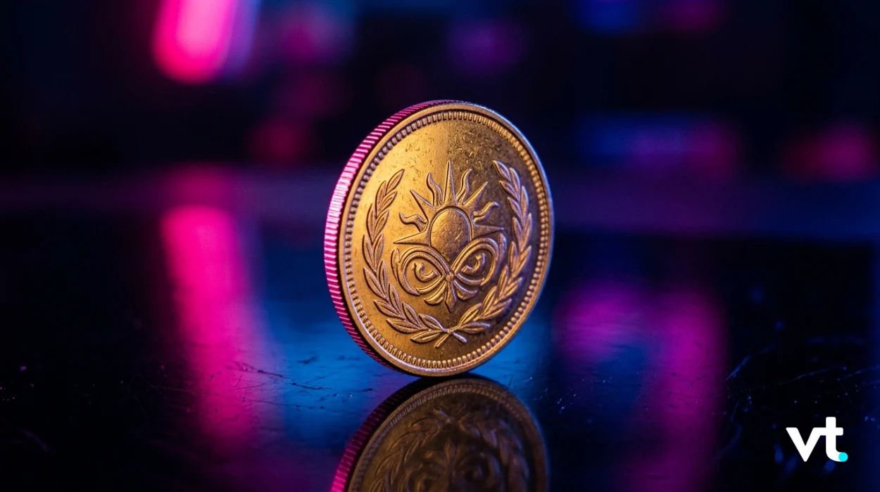 Gold coin on edge on a glossy surface, under pink and blue neon lights, with a sun and laurel emblem and a reflection.