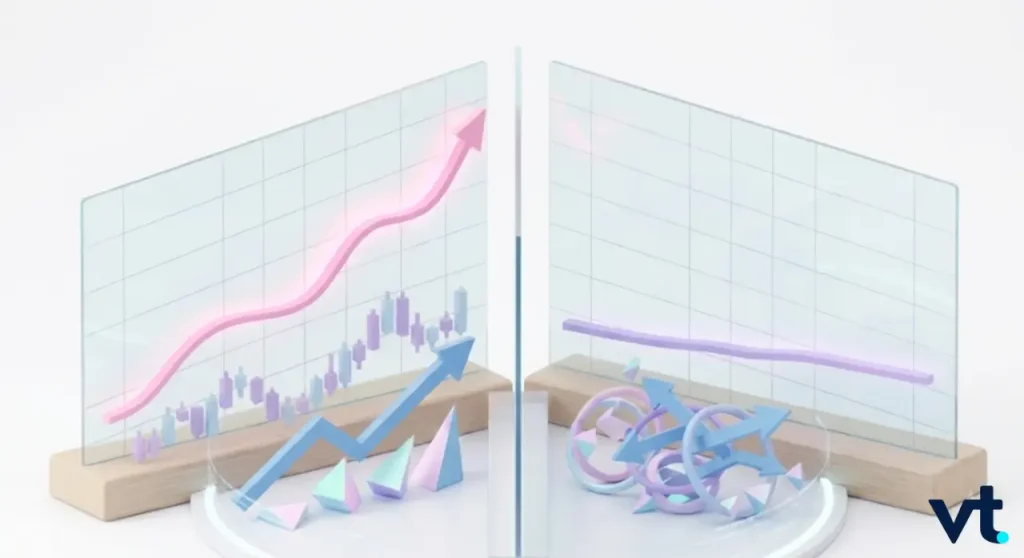 - VT Markets Split-screen infographic contrasting growth and decline: left panel shows a rising pink line with a bar chart and upward arrow; right panel shows a falling purple line.