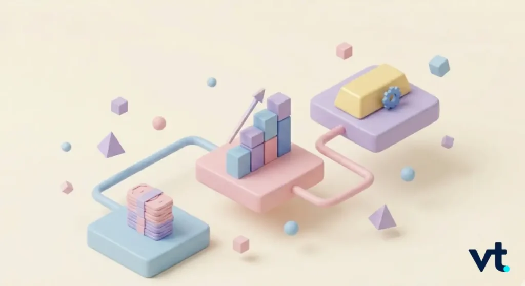 - VT Markets Pastel 3D illustration of interconnected platforms with stacked blocks and a rising bar, suggesting a data workflow or growth visualization, VT logo bottom-right