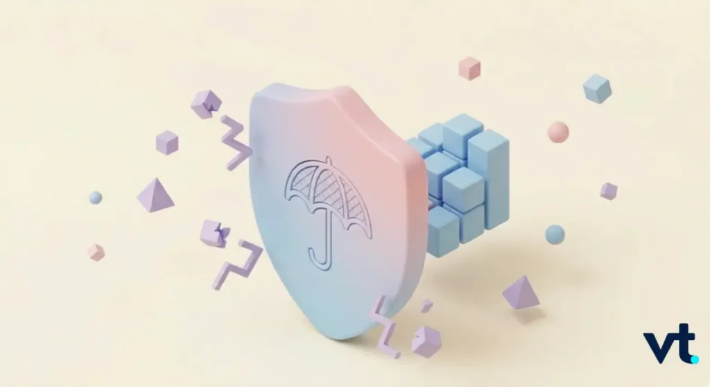- VT Markets Pastel 3D shield with an umbrella emblem signifying online protection, breaking apart pastel cubes and floating shapes; VT logo in corner.