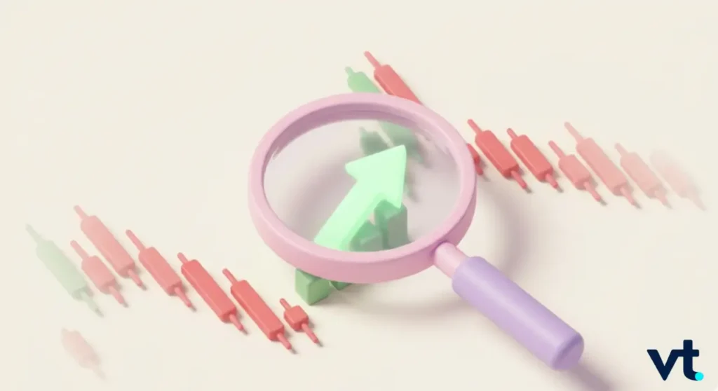 - VT Markets Pastel toy figures arranged in rows with a pink magnifying glass highlighting a green figure