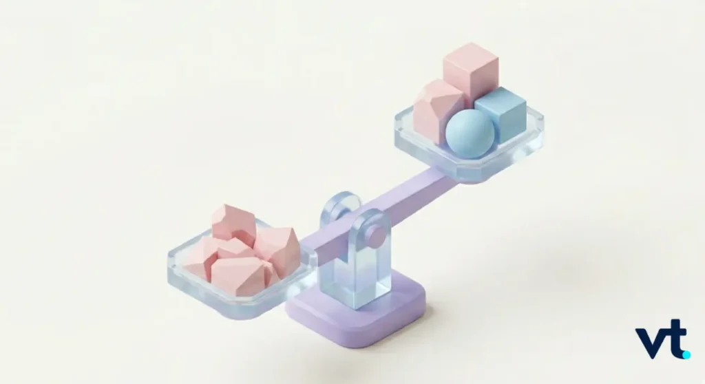 - VT Markets Illustration of a pastel balance scale comparing two sets of geometric blocks: pink chunks on the left tray, pink and blue shapes plus a ball on the right tray, VT logo in the corner.