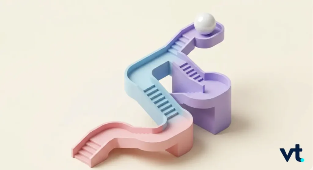 - VT Markets Abstract 3D sculpture of three pastel-colored staircases (pink, blue, purple) looping into a connected path with a white ball on the topmost turn.