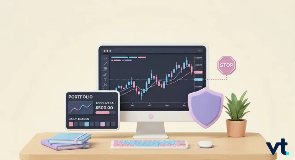 Illustration of a trading desk with a monitor showing a stock chart, a portfolio panel, a shield, and a stop sign on pastel decor.