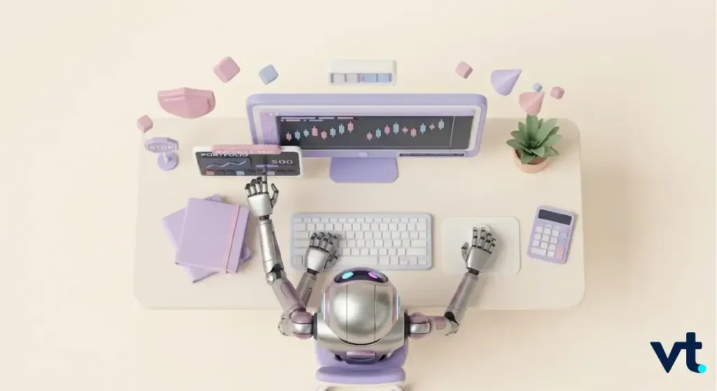 Top-down view of a silver robot typing at a pale desk with a monitor, keyboard, purple notebooks, plant, and a calculator.