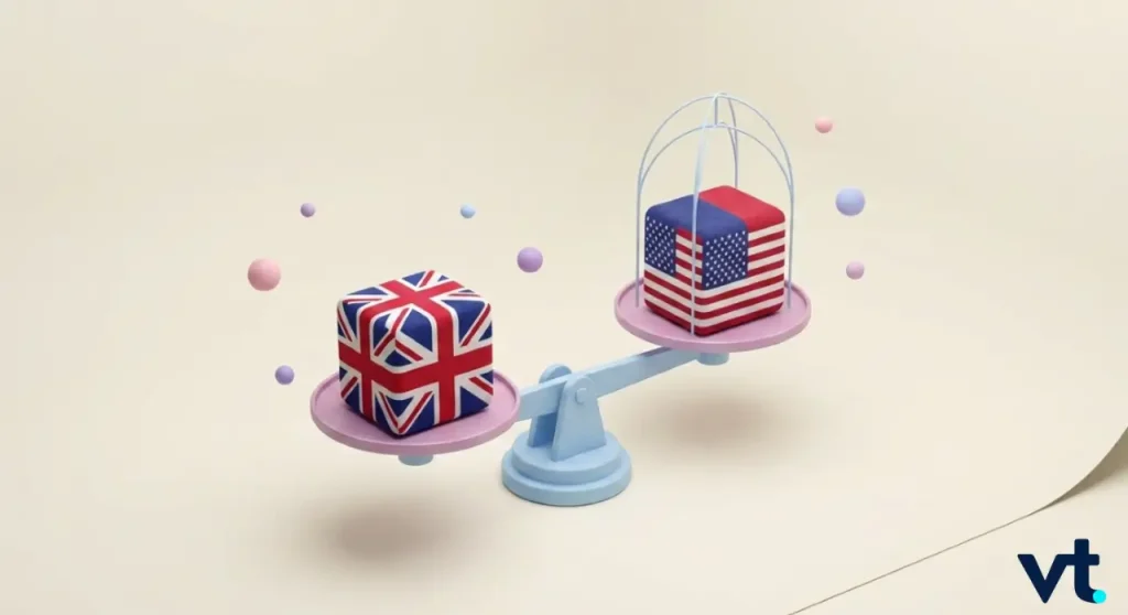- VT Markets Pastel balance scale weighing a UK flag cube on the left against a US flag cube under a glass dome on the right, against a light background (symbolic comparison).