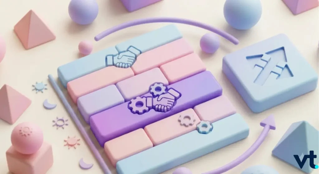 - VT Markets Pastel-colored block keyboard with gear and handshake icons, symbolizing collaboration in tech design.