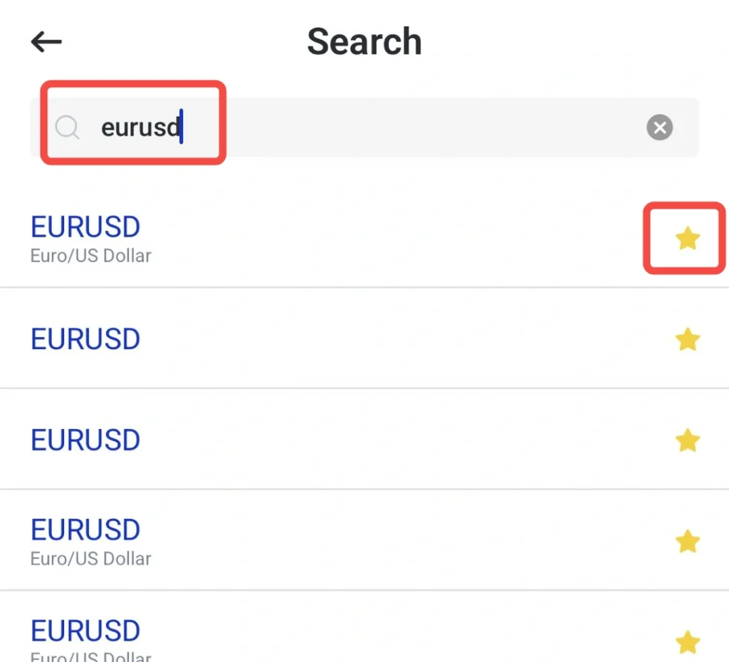 image 1 VT Markets Search screen with back arrow and a search field containing eurusd plus a highlighted star on the right side of the header area