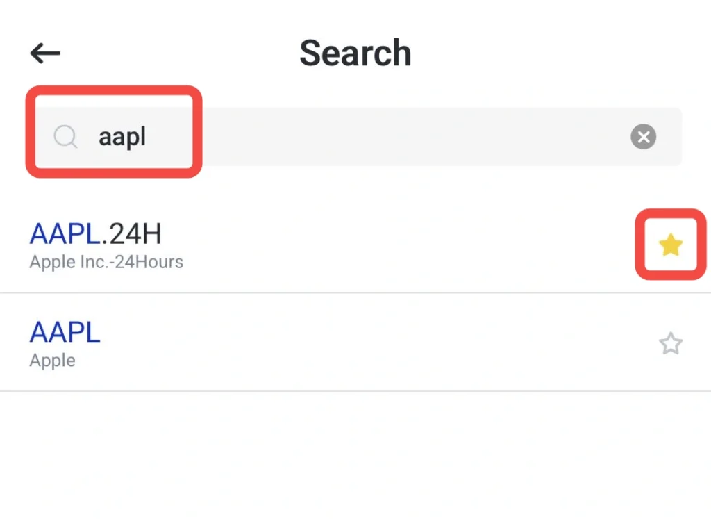 image 1 VT Markets Search screen with aapl in the search field and a starsave button on the right edge