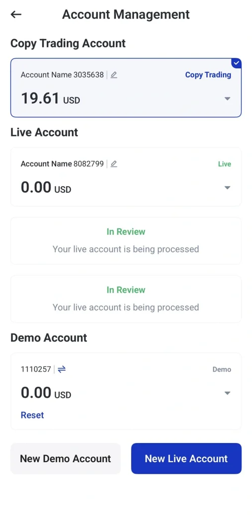 image 1 VT Markets Account Management screen showing Copy Trading and LiveDemo accounts with status badges and action buttons