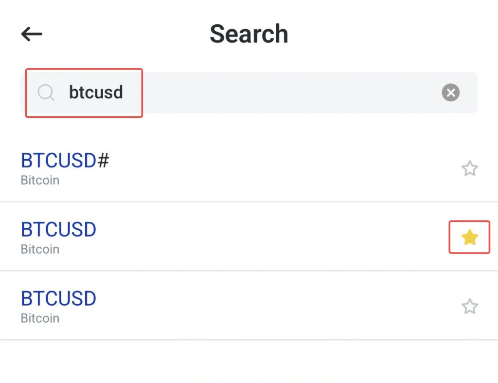 image 1 VT Markets Search screen with btcusd typed in the search bar results list shows BTCUSD with Bitcoin one item starred as favorite
