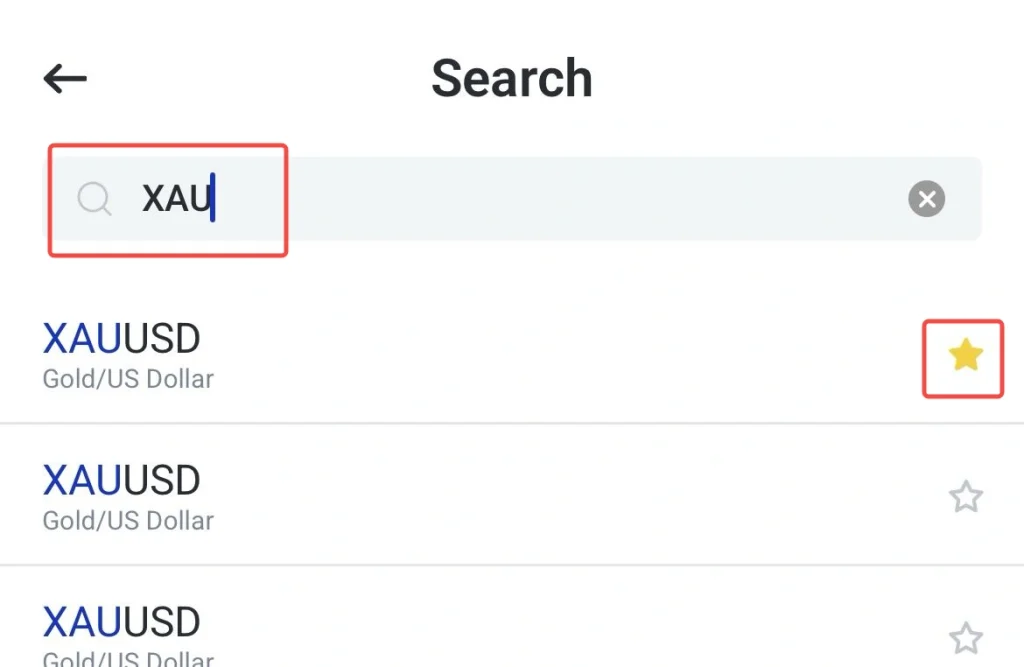 image 1 VT Markets Search screen with XAU typed in the search bar back button left and star bookmark on the right