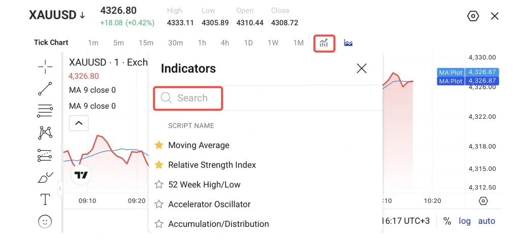image 10 VT Markets Trading view chart with XAUUSD and an open Indicators panel showing a Search field and a list of indicators like Moving Average Relative Strength Index etc