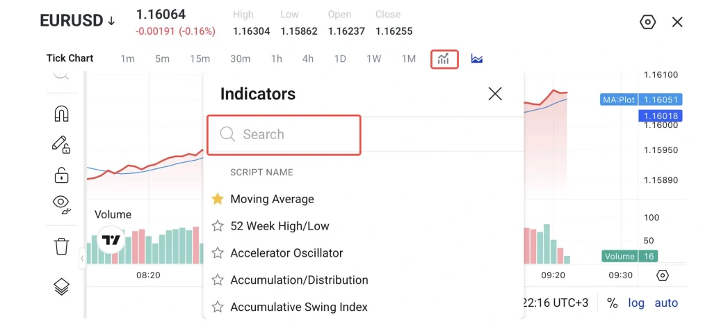 image 16 VT Markets Trading view Indicators dialog open with a highlighted Search field on the chart UI