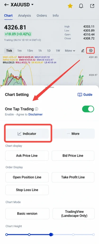 image 16 VT Markets Trading app chart screen with a Chart Setting panel open the Indicator button is highlighted